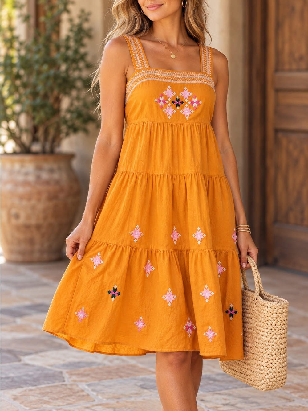 Madewell Sz 4 Cotton Embroidered Yellow Gold Midi Dress Tiered Boho Folk Buttons